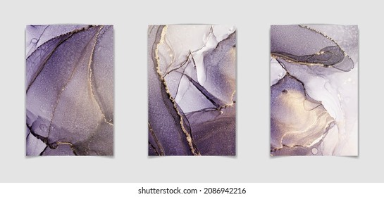 Purple marble with gold stripes alcohol ink painting. Luxury violet black watercolor background with golden brush strokes. Vector illustration of grey watercolour art design for wedding invitation.