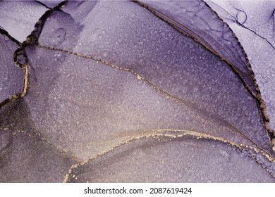 Purple marble with gold stripes alcohol ink painting. Luxury violet black watercolor background with golden brush strokes. Vector illustration of grey watercolour art design for wedding invitation.