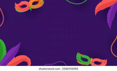 Purple Mardi Gras carnival template with some empty space, mask, feather, and bead on purple background