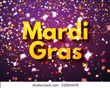 Purple Mardi Gras celebration banner or greeting card with flying golden and white confetti, some are out of focus