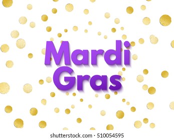 Purple Mardi Gras celebration flyer or greeting card on golden metallic confetti background