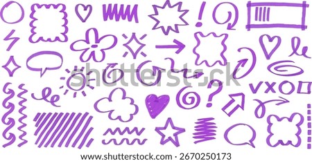 Purple Marker Elements Hand Drawn set. Vector illustration of various arrows, borders, underlines, highlight signs, and more in a doodle style. Isolated on transparent background.