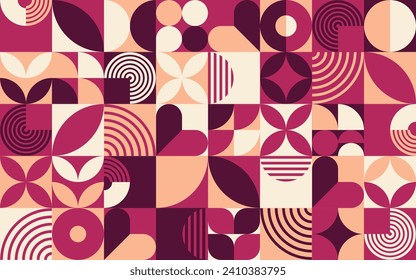 Purple, maroon and pink modern abstract geometric Bauhaus pattern background. Modernism or brutalism background, artwork vintage Bauhaus vector print or business presentation geometrical shape layout