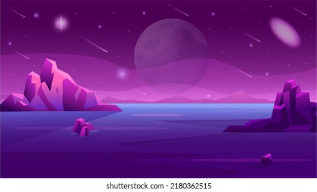 Himmel des violetten Mars. Alien Wüstenlandschaft für Spiel. Weltraum, Planet Hintergrund mit sterniger Nacht. Der Kosmos hat den Horizont. Extraterrestrische Bergklippen. Kosmisches Panorama. Vektorgrafik