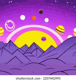 purple Mars space landscape with large planets in the starry purple sky, meteors and mountains. Nature on another planet with a huge planet on the horizon