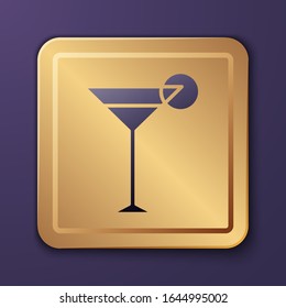 Purple Martini glass icon isolated on purple background. Cocktail icon. Wine glass icon. Gold square button. Vector Illustration