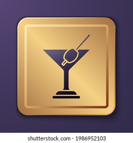 Purple Martini glass icon isolated on purple background. Cocktail icon. Wine glass icon. Gold square button. Vector