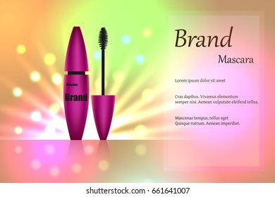 Purple mascara brush for eyelashes for eye makeup on delicate multi-colored background with bright spots of light. Advertising, packaging design, poster, banner. Realistic 3D vector illustration