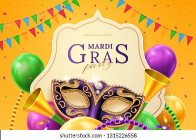 Purple mask with diamonds for carnival at mardi gras invitation flyer. Balloons and horns, beads and flags, crepe paper streamer at venice parade background. New Orlean parade banner. Venetian holiday