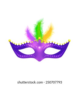 Purple mask with feathers.