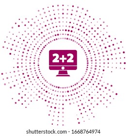 Purple Math system of equation solution on computer monitor icon isolated on white background. Abstract circle random dots. Vector Illustration