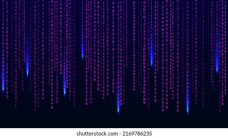 Purple Matrix On The Dark Background With Different Numbers And Light. Big Data Visualization. Digital Texture Backdrop. Vector Illustration.