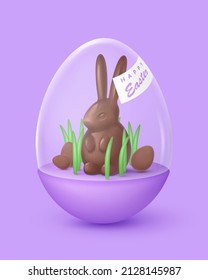 Purple matte egg case, box with glass dome and chocolate rabbit, bunny, green grass, mini eggs. Happy Easter poster. Vector illustration for card, party, design, flyer, banner, web, advertising.