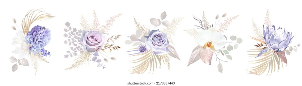 Purple Mauve Rose, Violet Hyacinth, Magnolia, White Orchid, Protea, Pampas Grass, Allium, Dried Palm Vector Flowers Big Set.Trendy Bouquets. Beige, Gold, Taupe Color.Elements Are Isolated And Editable