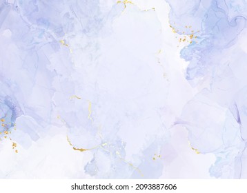 Purple mauve watercolor fluid painting vector design card. Dusty violet and golden marble geode frame. Winter wedding invitation. Ice veil texture. Dye splash style. Alcohol ink.Isolated and editable