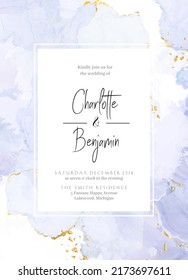 Purple mauve watercolor fluid painting vector design card. Dusty violet and golden marble geode frame. Winter wedding invitation. Ice veil texture. Dye splash style. Alcohol ink.Isolated and editable