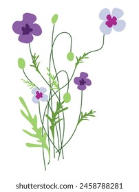Violette Wiesenblumen in flacher Bauweise. Frühlingsblüte mit Wildblumen. Vektorillustration isoliert.