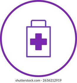 Purple medical bag icon with cross, healthcare vector illustration in circle design
