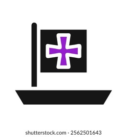 Purple medical cross flag on a boat. Concept of healthcare, emergency, and rescue.