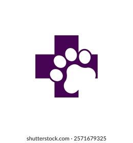 purple medical cross with a white paw print overlay, symbolizing veterinary care