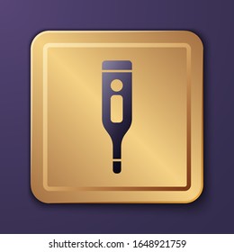 Purple Medical digital thermometer for medical examination icon isolated on purple background. Gold square button. Vector Illustration