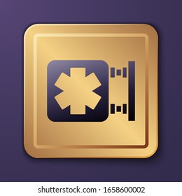 Purple Medical symbol of the Emergency - Star of Life icon isolated on purple background. Gold square button. Vector Illustration