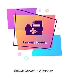 Purple Medical veterinary record folder icon isolated on white background. Dog or cat paw print. Document for pet. Patient file icon. Color rectangle button. Vector Illustration