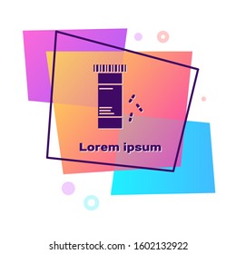 Purple Medicine bottle and pills icon isolated on white background. Bottle pill sign. Pharmacy design. Color rectangle button. Vector Illustration