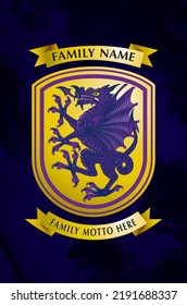 A purple medieval dragon illustration for a college or university, on a yellow shield with banner scrolls top and bottom for house or family names and house and family mottos on a rustic background