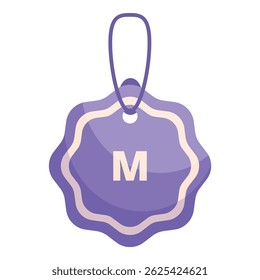 Purple medium size clothing tag is hanging with string, perfect for illustrating size options
