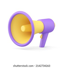 Purple megaphone promo business news information broadcasting loud speaking 3d icon realistic vector illustration. Isometric bullhorn sale marketing announcement protest voice talking communication