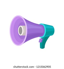 Purple megaphone with turquoise handle and button. Loud-speaker. Device for voice amplification. Flat vector design