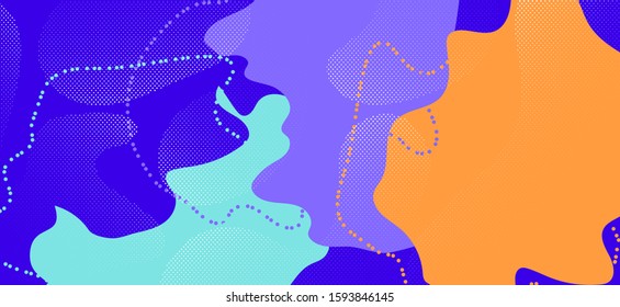 Purple Memphis Poster. Vector Geometric Wallpaper. Futuristic Fluid Template. Blue Funky Backdrop. Memphis Shape. Fashion Abstract Decoration. Bright Graphic Memphis Banner.