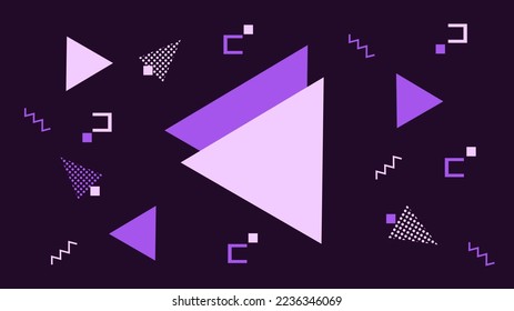 purple memphis vector with geometric shapes on dark background suitable for banner, layout, wallpaper, desktop, flyer.