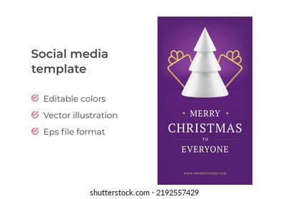 Purple Merry Christmas everyone social media stories template realistic 3d icon vector illustration. Premium Happy New Year web banner Xmas spruce toy gift box frame bauble decorative design