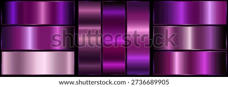Purple metallic gradient with frame on black background. nine shiny metallic gradients. purple leaf texture..