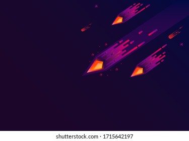 Purple meteors with purple background, flat design meteors, flat design meteorite, flat design background, vectors illustration, using for banner, wallpaper, and background.