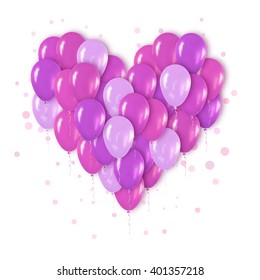 Purple Mettalic Realistic 3d Heart Bunch of  Balloons Flying for Party and Celebrations with confetti. Trendy Design element of Happy Birthday or Valentine's day. Vector Illustration.