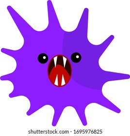 purple microbe with sharp fangs cartoon microorganism predator concept of viruses and monsters object on a white background