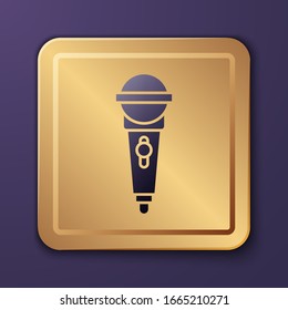 Purple Microphone icon isolated on purple background. On air radio mic microphone. Speaker sign. Gold square button. Vector Illustration