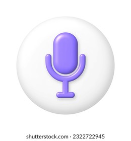 Purple microphone icon on white button. Broadcast, interview, podcast concept. 3d cartoon vector illustration.