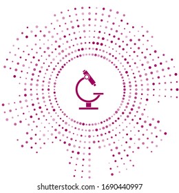 Purple Microscope icon isolated on white background. Chemistry, pharmaceutical instrument, microbiology magnifying tool. Abstract circle random dots. Vector Illustration