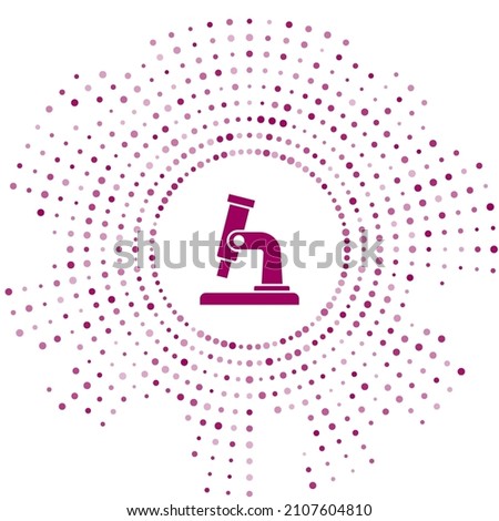 Purple Microscope icon isolated on white background. Chemistry, pharmaceutical instrument, microbiology magnifying tool. Abstract circle random dots. Vector