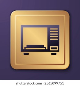 Purple Microwave oven icon isolated on purple background. Home appliances icon. Gold square button. Vector Illustration