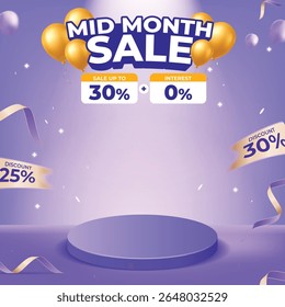 Purple mid-month sale banner with podium, golden balloons, ribbons, and discount labels, perfect for e-commerce promotions and sales campaigns.