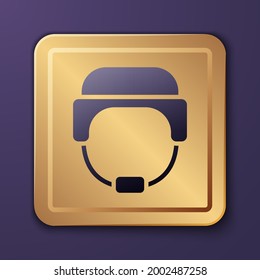 Purple Military helmet icon isolated on purple background. Army hat symbol of defense and protect. Protective hat. Gold square button. Vector