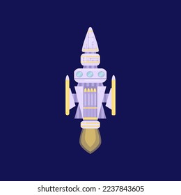 Purple military spaceship cartoon illustration. UFO spaceship, spacecraft, futuristic rocket isolated on blue background. Space, galaxy concept