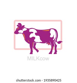 Purple Milk Cow In Rectangle Logo, Walking Slowly Dairy Milk Cow, Vector Illustrations