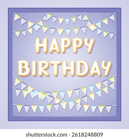 Purple Minimalist Happy Birthday Card, Happy Birthday inscription with colorful bunting flags