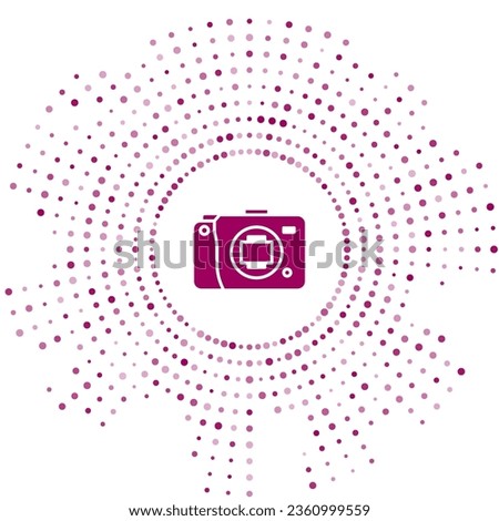 Purple Mirrorless camera icon isolated on white background. Foto camera icon. Abstract circle random dots. Vector Illustration